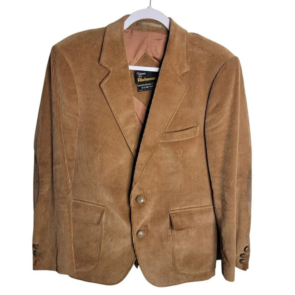 Vintage Richman Sport Coat Mens 40R Camel Tan Corduroy Western Elbow Patch